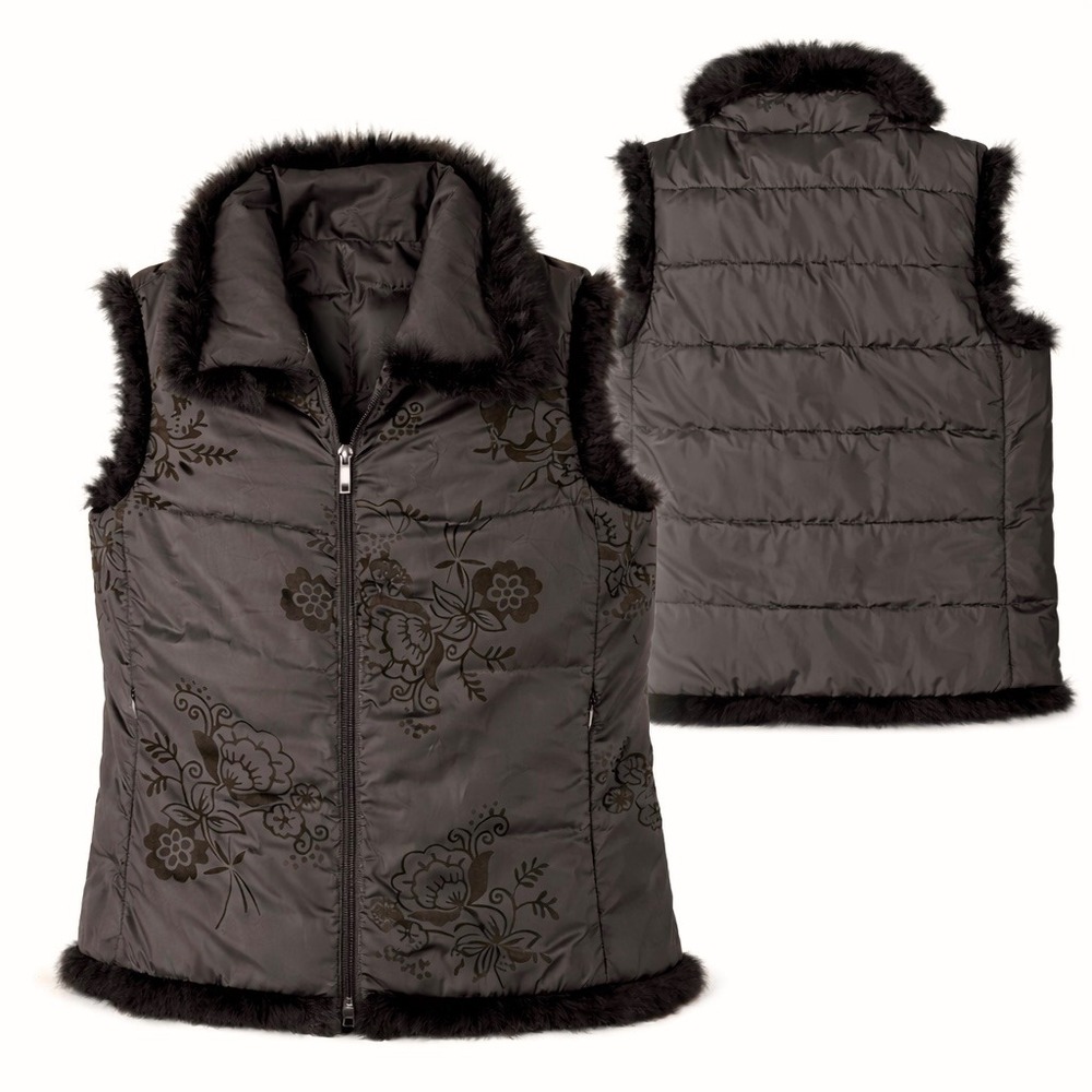 Montanaco Reversible Down Puffer Vest Faux Fur Trim Floral Womens Small‎ Brown